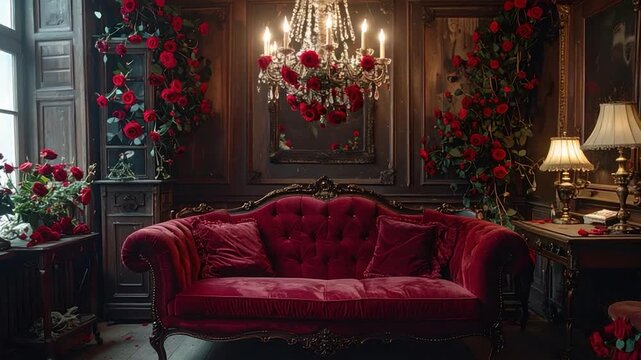 Opulent room with crimson roses, velvet sofa, chandeliers, and antique decor