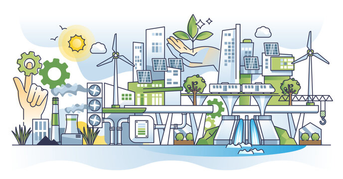 Green new deal resolution with sustainable EU policy program outline concept, transparent background. Renewable power resource usage, CO2 capture or nature friendly urban environment illustration.
