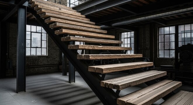 Industrial style staircase with rough hewn timber steps and dark metal frame in a loft interior