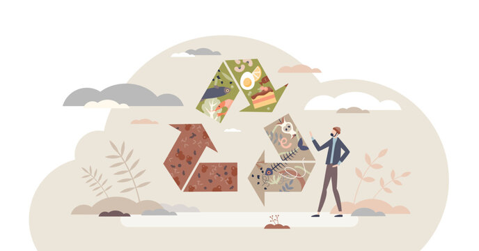 Food waste recycling and nature friendly junk composting tiny person concept, transparent background. Grocery leftovers dispose with bio degradable and zero waste management illustration.