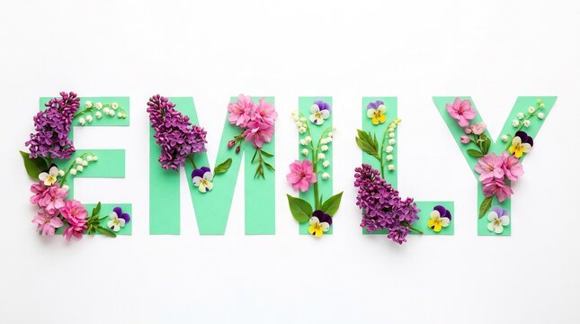 Floral name emily spelled with green letters and spring blossoms