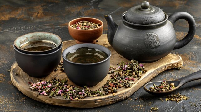 Composition of a black teapot, tea bowls, and dried herbs on a wooden board