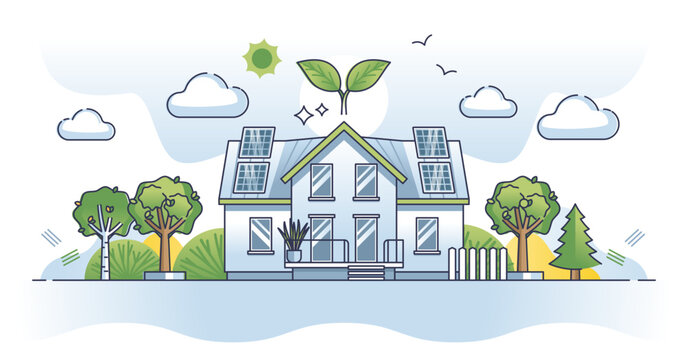 Eco houses using sustainable and nature friendly resources outline concept, transparent background. Green energy consumption with solar panels for electricity, insulation and sunlight usage.