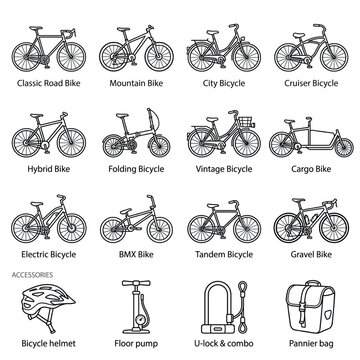 Extensive set of bicycle types and essential cycling accessories, showcasing road, mountain, hybrid, electric, and city bikes, rendered as outline vector icons