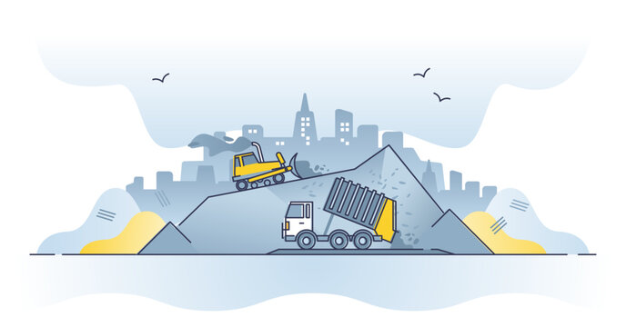 Consuming too much products with irresponsible lifestyle outline concept, transparent background. Over consumption problem causing pile of garbage and trash in dump illustration.