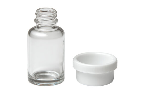 Small empty glass condiment bottle with detached white screw cap in isolated studio shot for professional product packaging design and branding mockup presentation purposes