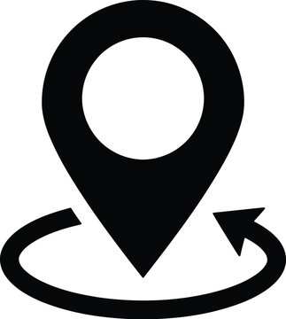 Black location pin icon with rotating arrow for navigation and mapping services online