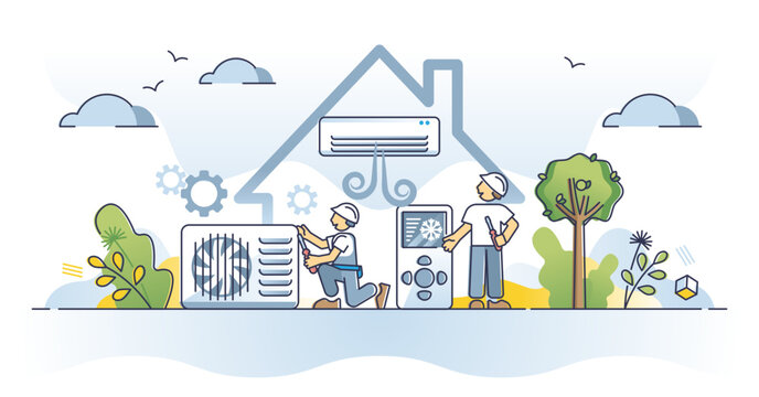 Air conditioning system with AC chill climate temperatures outline concept, transparent background. Breeze blowing ventilators installation with HVAC worker professional service illustration.