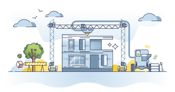 3D or three dimensional printed house construction technology outline concept, transparent background. Modern, cheap and effective approach for building project development illustration.