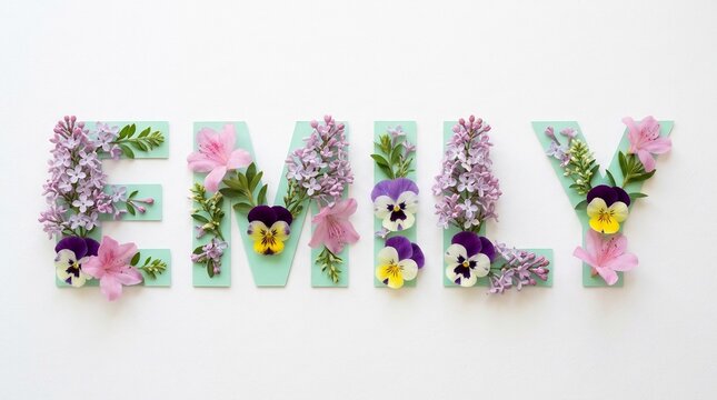 Decorative floral name emily with spring petals and green letters