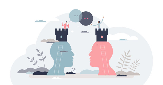 Political polarization and opposite opinions conflict tiny person concept, transparent background. Candidates dialogue competition and debate confrontation with communication fight illustration.