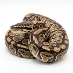 Fototapeta premium Beautiful ball python snake with intricate brown and black scales curled in a compact circle captured in high resolution against a clean bright white studio background