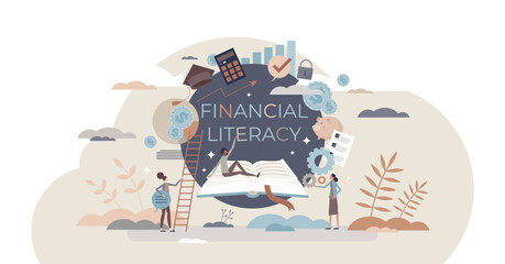 Plakat Financial literacy and education with learning from books tiny person concept, transparent background. Economic knowledge and personal skills development with reading courses illustration.