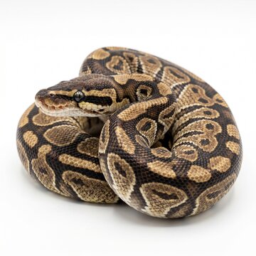 Beautiful ball python snake with intricate brown and black scales curled in a compact circle captured in high resolution against a clean bright white studio background