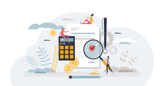 Bookkeeping service and financial business data audit tiny person concept, transparent background. Accounting work with tax calculation, payment making and budget information analysis illustration.