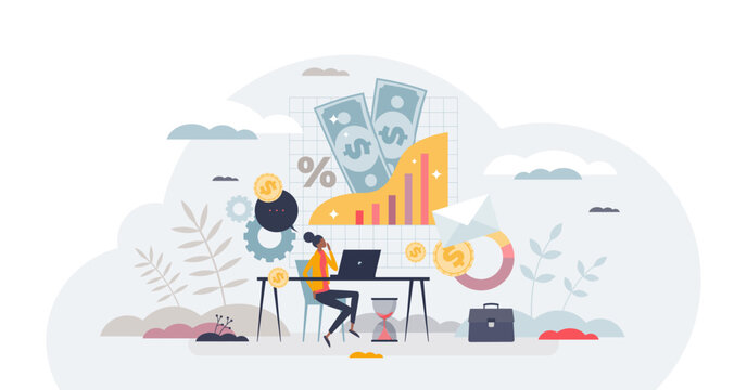 Bookkeeping and personal financial data management tiny person concept, transparent background. Annual tax money document analysis and income, expenses audit illustration.