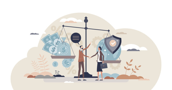 Business ethics as company moral aspect over finance tiny person concept, transparent background. Correct social responsibility and respect for nature or environment illustration.