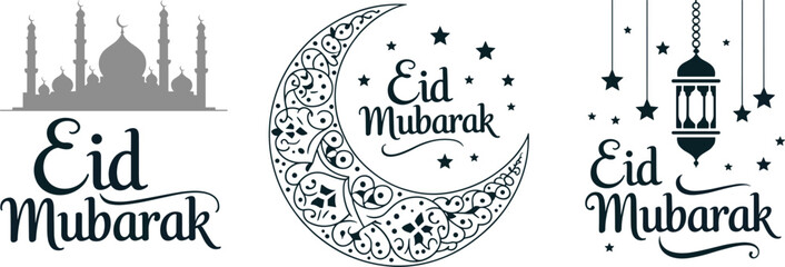 Eid Mubarak Greeting Set: A collection of elegant Eid Mubarak greetings featuring Islamic calligraphy, crescent moon, stars, mosque silhouette, and a hanging lantern illustration. © SUZUNCHANDRA