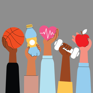 Healthy Lifestyle Choices: Diverse hands hold symbols of health and wellness - a basketball, water bottle, heart monitor, dumbbell, and apple - representing a commitment to a vibrant life.