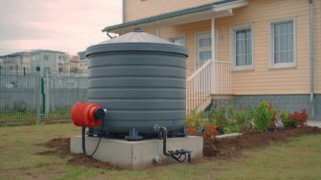 Modern Water Storage Tank Next to Residential House in Suburban Area with Garden and Landscaping Features