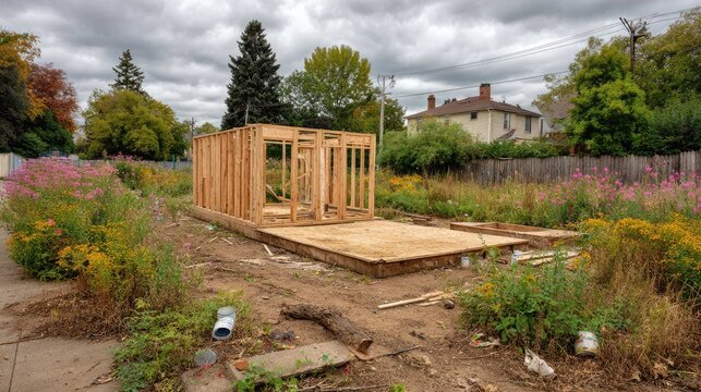 Construction of Wooden Framework in an Overgrown Lot Surrounded by Wildflowers and Vegetation