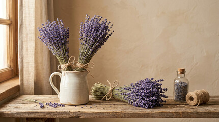 Rustic arrangement of dried lavender bunches in ceramic pitcher on wooden table © sadashiv