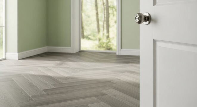 Light Grey Laminate Flooring in Herringbone Pattern with Subtle Wood Texture in a Home Interior