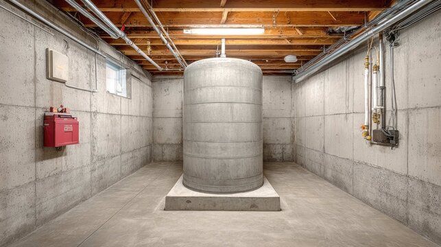 Modern concrete storage tank in a minimalist basement environment with industrial elements and dim lighting
