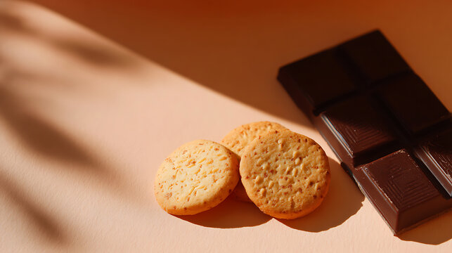 Minimalist composition of round shortbread cookies and a dark chocolate bar, bathed in warm sunlight on a soft peach background
