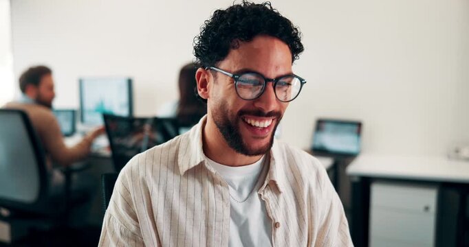 Computer, fist pump and smile with man programmer in office for troubleshooting success. Celebration, pc and programming with excited web developer in workplace for coding achievement or target