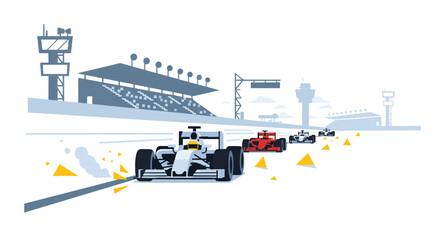 Obraz premium Dynamic race cars race along a bright modern track with grandstands creating an energetic competitive scene