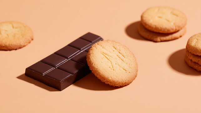 Delicious Dark Chocolate Bar and Golden Shortbread Cookies on a Warm Orange Background, Bright Studio Light for a Tempting Treat Image
