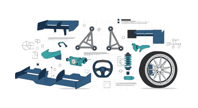 A detailed automotive parts collage showing wheels tires brakes engine chassis steering and suspension elements to illustrate vehicle assembly and repair concepts