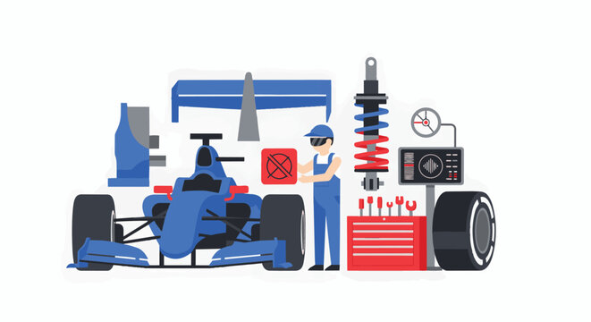 Dynamic pit stop scene with a formula race car surrounded by a crew of mechanics performing tire changes and quick diagnostics in a busy garage