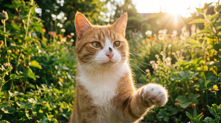 Obraz premium Orange White Cat in Garden with Fly on Nose Sunset