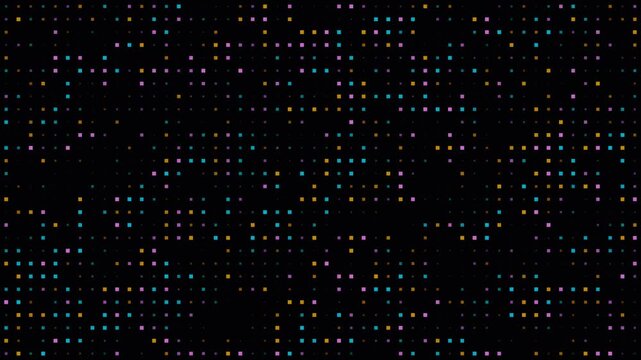 Digital grid of flickering colorful square pixels on black background