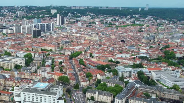 Panoramic aerial view around the old town of the city Nancy in France on a sunny spring day