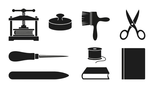 Bookbinding Tools Silhouette Icons, Flat, for Craft and Art Projects