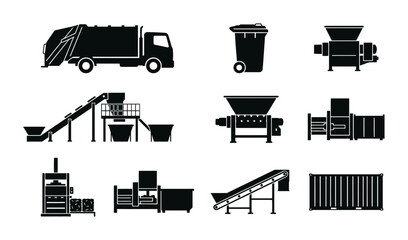 Waste management machinery silhouettes, recycling equipment, garbage truck, shredders, balers, for industrial use © Designhouse