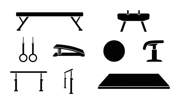 9 Gymnastics Equipment Silhouette Icons, Flat, for Sports and Fitness Concepts