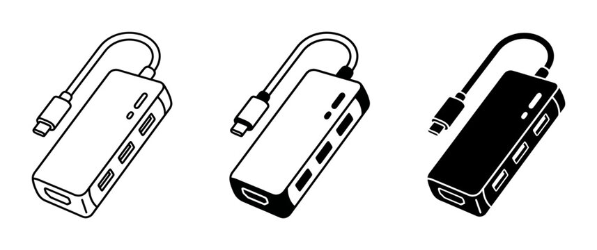 USB-C Hub Icons and Silhouette for Technology and Connectivity
