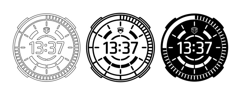 3 Futuristic Watch Faces Icon Set, Outline and Solid Styles, for Technology and UI Design