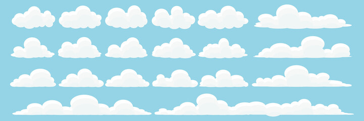 Fototapeta premium set of vector illustrations of clumpy clouds, cloud bubbles in flat style on a blue background 
