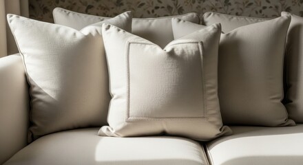 Naklejka premium Cream colored linen cushions with subtle textured detail arranged on a sofa