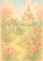 Obraz premium Whimsical castle in blooming garden.