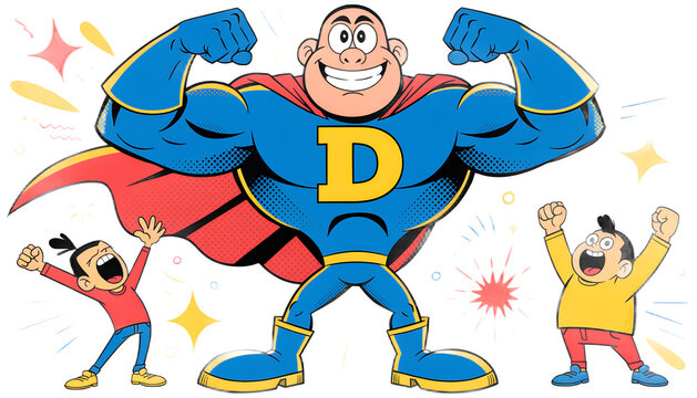 Super Dad Superhero Cartoon Illustration &mdash; Father's Day Comic Style Character with Cape and Cheering Kids, Transparent Background Vector Art