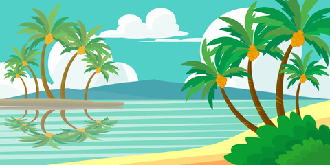 Fototapeta premium silhouette of coconut tree in flat style. illustration of palm tree in flat style. summer background. summer theme scenery 