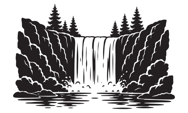 Waterfall silhouette, natural landscape scene, vector isolated on white