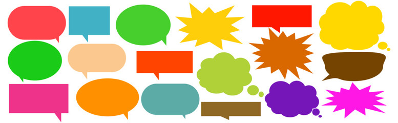 Fototapeta premium A simple design set of colorful message comment chat boxes. A collection of comic and social media speech bubbles, text boxes, and chat boxes. A vector set of comic and social media speech bubbles.