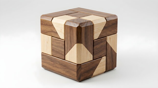 Complex brain teaser wood cube game on plain background